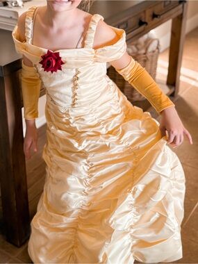 Kids Belle-Inspired Gold Princess Costume with Rose Accent by Trish Scully Size